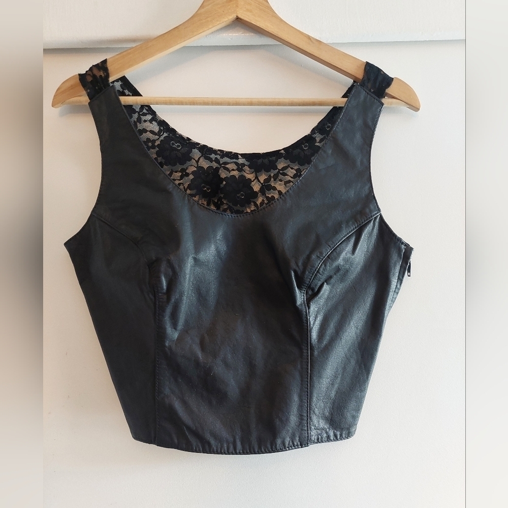 Berman black Leather corset Sleeveless Cropped Vest Lace Back M Biker Mobwife